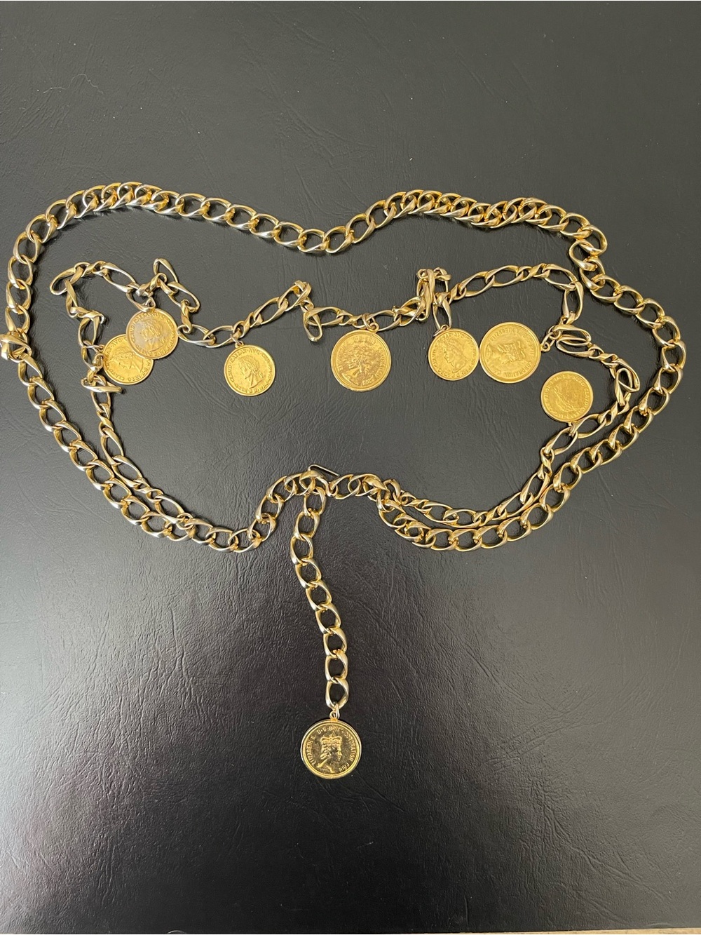 Vintage Gold tone faux Coin Charm Chain Belt.